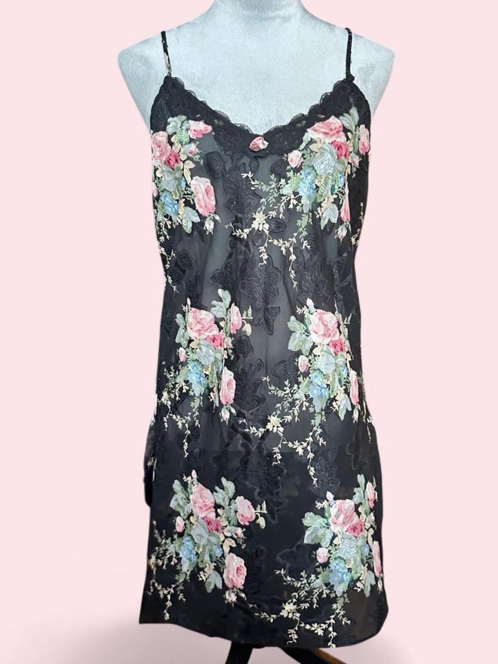 Vintage Linea Donatella Black Sheer Floral Burnout Slip Dress Lace Trim  L